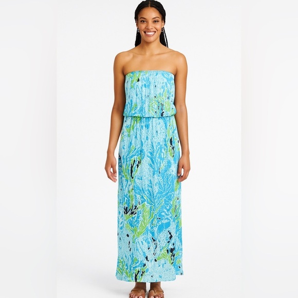 Lilly Pulitzer Marlisa Maxi Dress Size XS Spa Blue Let’s Cha Cha Strapless New - Picture 1 of 13